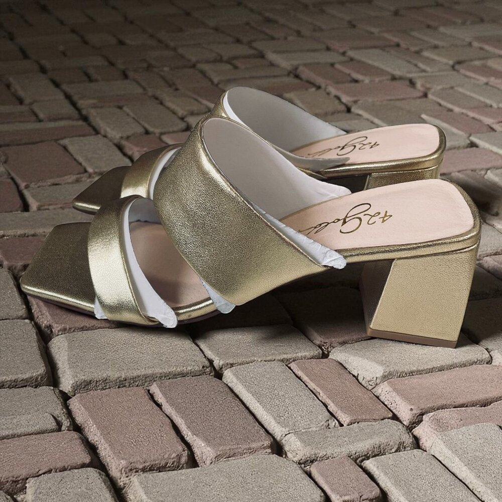 42 Gold Metallic Gold Block Heel Sandals Square‎ Toe Slip On Womens Size 75